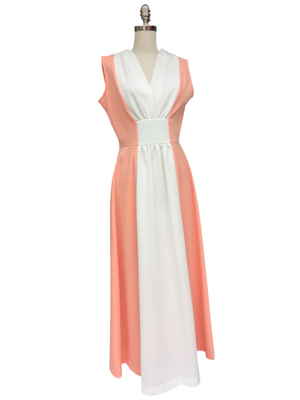 Vintage 70s Peach White Colorblock Hostess Maxi Dress Mod M/L VNeck Empire Waist